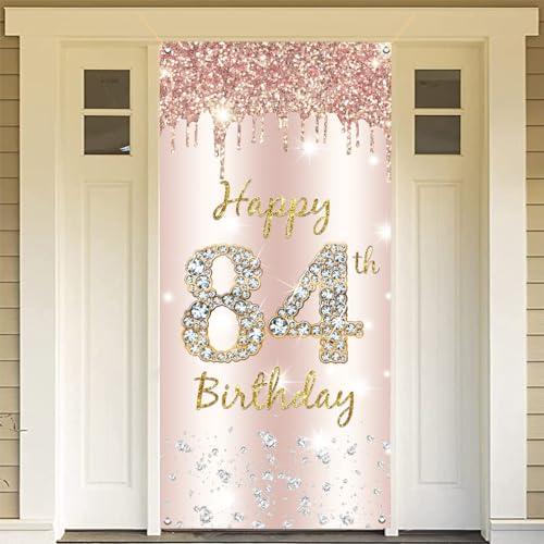 84e verjaardag decoratie vrouwen, Gelukkig 84e verjaardag deur banner roos goud,84e verjaardag stof teken poster deur decoratie,84e verjaardag achtergrond banner dames, verjaardag feest welkom teken