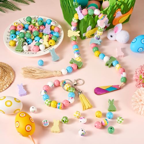 160 st. Natuurlijke houten kralen - Bunny ronde grote gat Groene lente bloemen Konijnen Spacer houten kralen voor doe-het-zelf Pasen sieraden maken