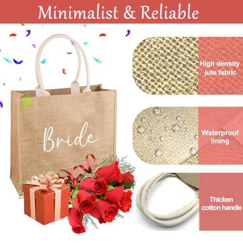 Bruidstas, minimalistische en betrouwbare Jute Tote Bag, Hen Party Bag, Bruidstas, bruidscadeau zak, bruids douche Cadeautas, Geschikt voor levensmiddelenwinkel, Picknick, Strand vakantie, Bruin, Bruin, L 3