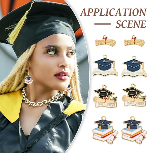 16 st. Afstuderen Email Charms Afstuderen Cap Diploma boek hangers Legering Teacher Hangen Ornament voor sieraden Craft Ketting Keychain armband DIY Vrouwen, Metaal Emaill, Geen edelsteen 3