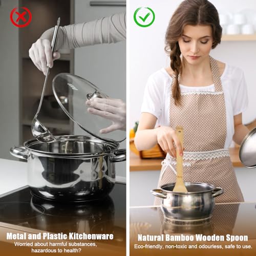 6 stuks Bamboe Houten Keukenset 30 cm Bamboe Keuken Spatula, Keukengerei voor Niet-Stick Pannen, Spatula Koken Lepels met Gat voor voedsel mengen en roeren in de keuken, Keukengerei 4