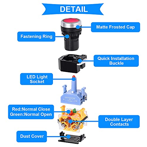 2Stuks 220V 22mm Momentaire drukknopschakelaar 10A 2 kleur (rood/groen) LA38-11DN 1NO 1NC LED-indicatorlichtschakelaar voor doe-het-zelf met 20st vorkterminal 3