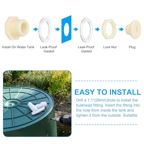 ABS Bulkhead Fitting G 1/2, 2 stuks Dubbele Threaded Bulkhead Water Tank Connector met PVC Seal Pakking voor regenemmer, wasbakken, aquaria, wit 4