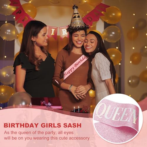 Verjaardag Meisjes Sash, Glitter Verjaardag Sash voor vrouwen Satin Queen Sash Party Decoraties met veiligheidsspeld voor feestgeschenken Favors, Roze fantasie 4