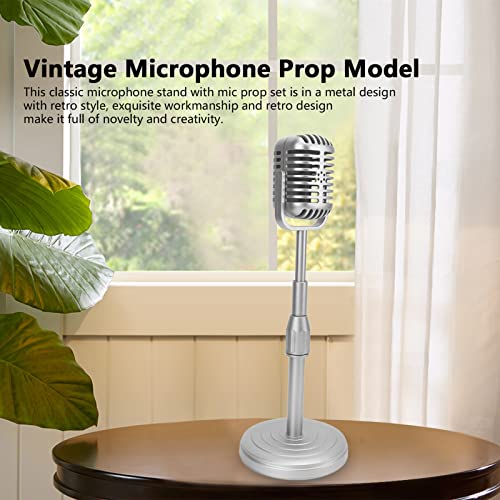 Vintage Microfoon Prop Model Simulatie Oude Mode Microfoon Model met Stable Base en Ondersteuning Rod Retro Style Microfoon Prop Set voor Photo Studio Fotografie(Zilver) 3