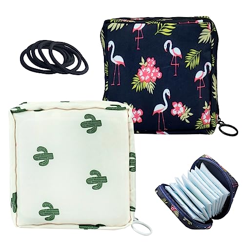 Opbergtas voor maandverband, 2 stuks droogbare maandenverbanden met grote capaciteit met rits Eerste menstruaties voor tienermeisjes vrouwen dames -cactus+flamingo