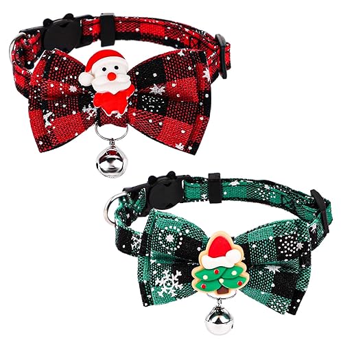 2 stuks Kerstmis Kattenhalsband, 18-30cm Verstelbare Kattenhalsband met Bow Tie Afneembare Kattenhalsband met Bells Leuke Kattenhalsband voor Kerstmis Boom