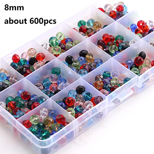 Glazen kralen, ongeveer 600 stuks, 8 mm diameter, kristalglas, facetballen, bedels voor sieraden, armbanden, kettingen (ongeveer 15 kleuren)