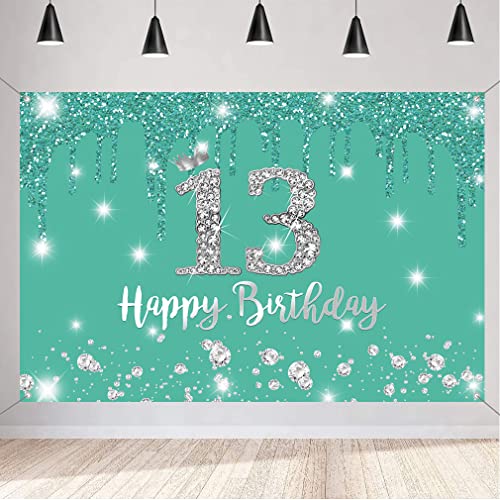 13e verjaardag meisje decoratie,13e verjaardag Banner,13e verjaardag Verjaardag Stof Tekenposter,13e verjaardag Achtergrond Banner Verjaardag Party Decoratie Cake Tafel Banner Accessoires,Turquoise