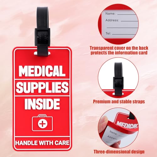 2st Medical Supplies Innerlijke Labels, Driedimensionale Design Medical Device Bagage Tag met informatiekaarten en 2sts Stevige banden voor verschillende reiskoffers of rugzakken 3