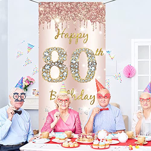 80th Birthday Decoration - Gelukkige Verjaardag Deur Banner Rose Gold, Stof Tekenposter, Achtergrond Banner voor Vrouwen, Verjaardagsfeest Welkom Sign 3