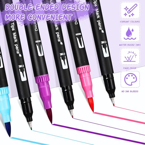Penseel Pen Lettering 48 Kleuren Vilt Tip Pennen Dubbel Tip 0.4mm en 1-2mm Penseel Tip, Aquarel Pennen voor Volwassenen Bullet Journal, Kleurplaten, Mandala, Tekening op school 4