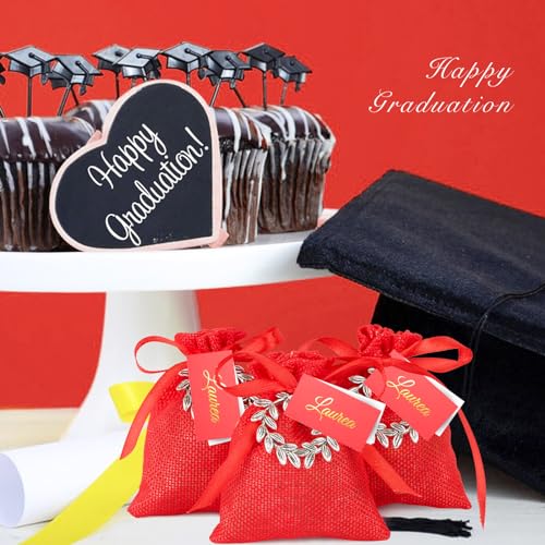 24 stuks Afstuderen Bedankt Candy Bags Hangers Laurel Krans Red Jute Bags Kaarten Afstuderen Feestgasten cadeau 5