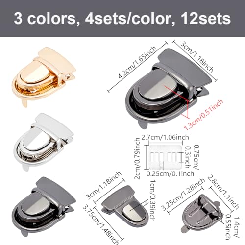 12 st 3 Kleuren Tuck Lock Sluiting, Wallet Thumb Locks Metal Lock Buckle Eend Tong Lock Sluitingen voor Portemonnee Bag Lederen handtas maken