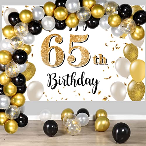 Verjaardagsdecoratie voor mannen/vrouwen, 65e verjaardag, Stof Tekenposter, Achtergrond Banner, Verjaardagsdecoratie, Wit en Goud, 1.5 Metres 4