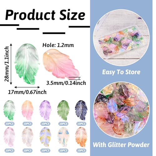 100Stuks Veerglas Bedels Blad met Glitter Poeder glanzend Plume Hangers Crystal Foliage Bedels voor DIY ketting oorbellen sieraden maken 4