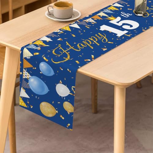 Happy 15th Verjaardagstafel Runner 15e verjaardag Jongen decoratie Keuken eettafel decoratie Tafelband verjaardag feest tafelkleed decoratie voor thuis, blauw