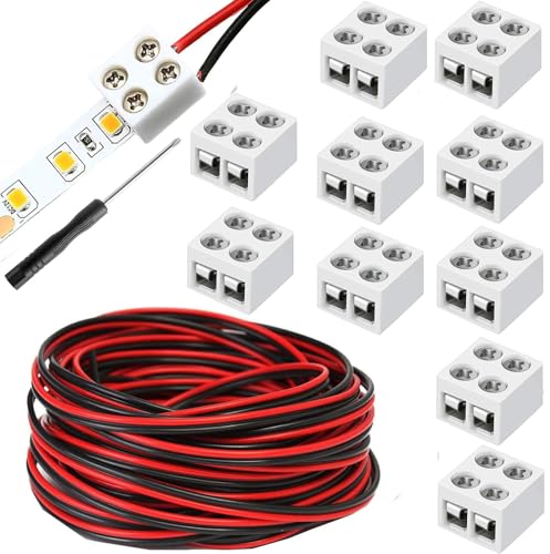 Verpakking van 10 LED Strip Connectors, 2-pins, 10 mm met 32.81 voet 22 AWG Kabel, Schroef Terminal Block, 2-pins, 10 mm Connector met Schroevendraaier, voor 5-24 V LED Strip Verlichting