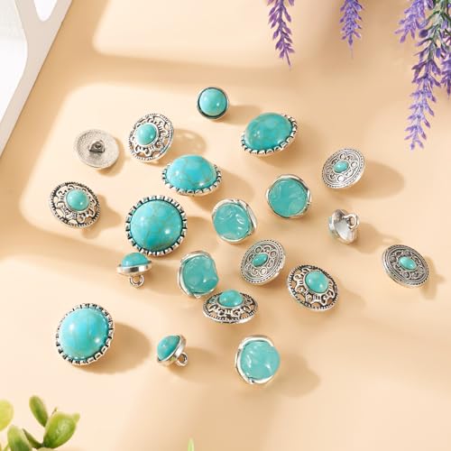 20Stuks Turquoise Knoppen Platte Ronde Legering Garment Knoppen Vintage Vervanging Decoratieve Knop voor het naaien van leder Craft Kleding Belt 5