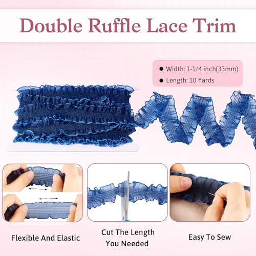 10m Polyester Pleated Lace Trim 33mm Brede Ruched Elastische Stof Lace Ribbon voor Naaiwerk DIY Kostuum Pillowcase Decoraties Bow Making, Navy Blue