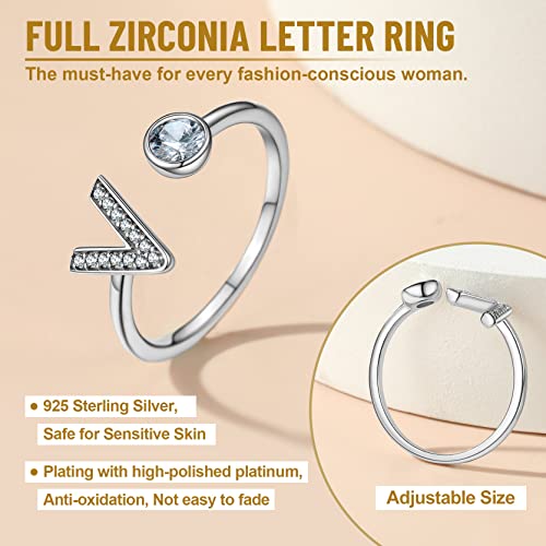 S925 Zilveren Zircon Letter Ring Open verstelbaar Initiële Alfabet A-Z Ring Dames Stapelbare Zircon Verlovingsring Memoire Ring in witgouden ring Maat voor 51,8 (16,5) - 67,2 (21,4) 3