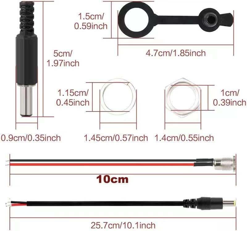DC 12V Hollow Plug 5.5 MMX 2.1mm Adapter set, 10 x DCPower Jack Socket Low Voltage Connector (met Kabel) 5 x Holle Plug 5.5 x 2.1, 10 x DC Montage Connector, 10 x Rubber 5
