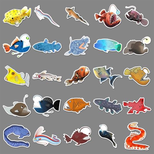 Deep Fish Stickers voor tieners en volwassenen, 50 stuks, Deep Sea Fishing, Vinyl Sticker Set, Auto, Motorfiets, Fiets, Skateboard, Snowboard, Bagage, Laptop, Koffer, Helm, Motorfiets, Computer