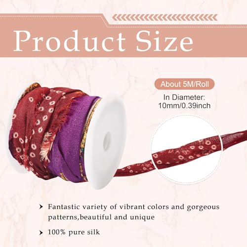 5.4m Gerecycled Sari Silk Ribbon Stof garen Ribbon Tassel voor het breien DIY Naaihaken Vrouwen armband Macrame Craft Ketting Borduren Kerstmis Decoratie (Klassieke kleur) 5