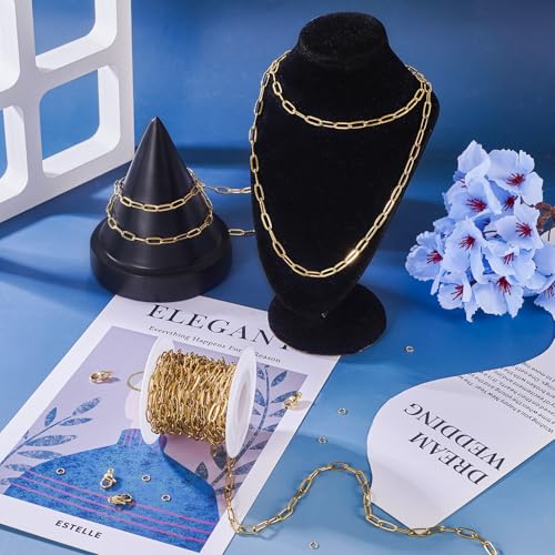 18K Gold Plated Paper Clip Kettingen 16,4 Voet roestvrij staal Oval Link geraspte kettingen met kreeft gesp Jump Rings voor Craft DIY armband ketting vrouwen sleutelhanger accessoire