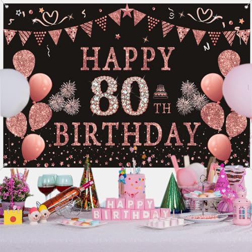 80e verjaardag decoratie voor vrouwen, roze glitter vlekken stof teken poster verjaardag feest decoratie, 80e verjaardag achtergrond banner vrouw, 80e verjaardag feest decoratie