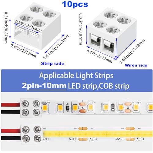 Verpakking van 10 LED Strip Connectors, 2-pins, 10 mm met 32.81 voet 22 AWG Kabel, Schroef Terminal Block, 2-pins, 10 mm Connector met Schroevendraaier, voor 5-24 V LED Strip Verlichting