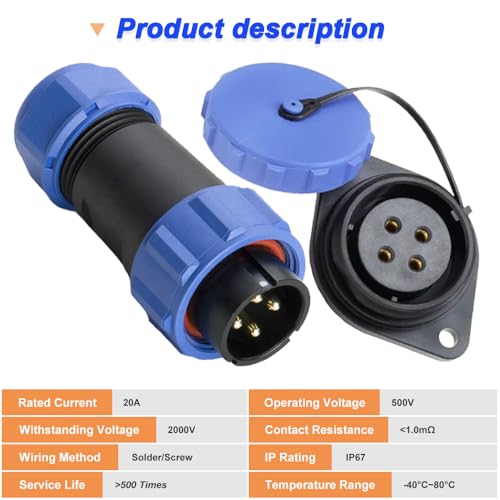 SP21 4 Pin Socket voor 21mm Panel Mount, IP67 Waterdichte Ronde Kabel 12V 30A Plug Socket voor DC Output BLUETTI (4 Packs, Plug and Bushing)