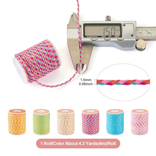 Macrame Cords 1.5mm x 4m Premium 4 Ply Polycotton Cords 6 Rolls Twisted Kleurrijke Thin Cotton Cord garen Macrame Touw voor String Wall Hangings DIY Craft String 4