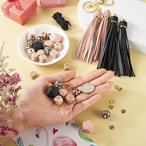 54 Stuks Leopard patroon Siliconen ronde veelhoekige kralen Mam Mam Mam brieven houten kubus kralen met lederen Tassel sleutelhangers clasps voor DIY moeder's dag 5