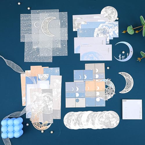 63 Stuks Maan Versiering Scrapbook Papier Pack, Journaling Supplies voor Galaxy Planet Space Sticker Art Journaling Planners DIY Collage Albums Esthetische Ambacht Materialen