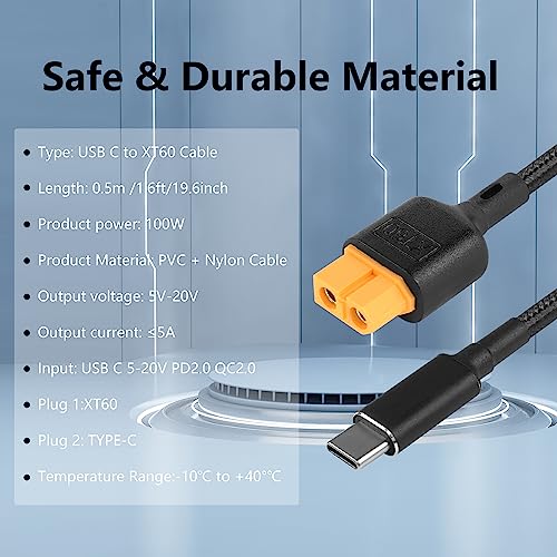 Type C naar XT60 Laadkabel 19.6 Inch USB C naar XT60 Busadapterkabel voor drone, Model, Energieopslag, Outdoor Current, Solar Battery Etc (0,5m)