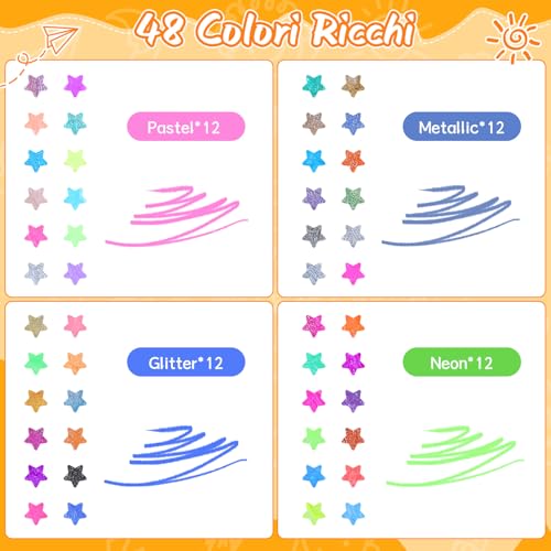 48 x 1 mm puntgel pennen voor kinderen en volwassenen (12 flash + 12 water pennen + 12 neon + 12 metallic) 3
