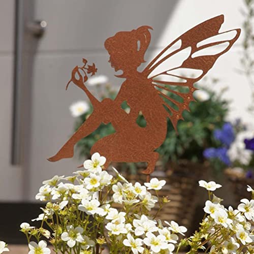 FCHMY metalen sprookje Silhouette Beeldhouwkunst, Elfen Zittende Tuin Tuin Decoratie Rust Look, Meisje Silhouette Garden Standbeeld voor Tuin, Patio Balkon Bloem Pot 4