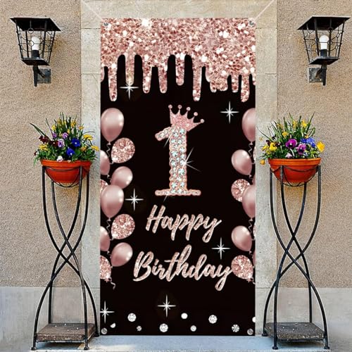 1e verjaardag decoratie voor meisjes gelukkig 1e verjaardag poster deur banner zwart en roze stof teken muur / deur banner 1e verjaardag achtergrond banner meisjes verjaardag feest welkom teken 5