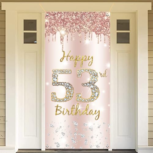 53e verjaardag Decoratie Vrouwen, Gelukkig 53e verjaardag Deur Banner Rose Gold,53e Verjaardagsstof Gebarenposter Deur Decoratie,53e verjaardag achtergrond Banner Dames,Birthday Party Welkom Teken