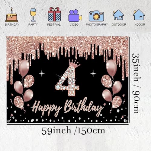 4e verjaardag decoratie voor meisjes, feest decoratie zwart en roos goud, 4e verjaardag stof teken opknoping poster, 4e verjaardag achtergrond banner partij welkom teken 3