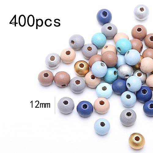 400 st. Kleurrijke houten kralen met gat houten kralen Ambacht kralen voor doe-het-zelf sieraden maken (kleurrijk, 12mm)