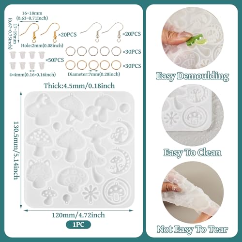 Paddestoel Hangers Siliconen mallen Plant Hars mallen met oorbellen haken Jump Rings oornoten voor het gieten van UV Epoxy Hars sieraden maken sleutelhanger ambacht 3