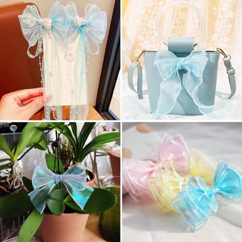 3 Rolls Polyester Iridescent Ribbon 60mm Sparkling Sheer Chiffon Ribbon Glittering Organza Ribbon voor Bouquet Wrap Bows Krans Decoratie DIY Crafts, Sky Blue 3