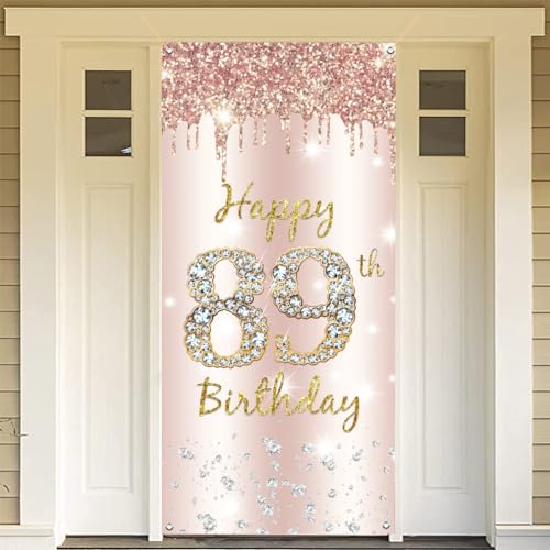89e verjaardag decoratie vrouwen, Gelukkig 89e verjaardag deur banner roos goud,89e verjaardag stof teken poster deur decoratie,89e verjaardag achtergrond banner dames, verjaardag feest welkom teken