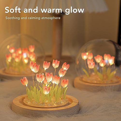 Tulip Night Light, Mini Tulip Flower Light DIY Handgemaakte Lamp, Verstelbare Helderheid Simulatie Bloem Atmosfeer Decoratie Slaaptafel Lamp (Glas, samengesteld hout) 4