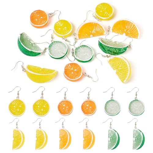 6 paar 3D Fruit oorbellen voor vrouwen Oranje citroen lime drop bengelen oorbel imitatie voedsel hars sieraden voor mode ambachtelijke verjaardag partij accessoire, 46-60mm lang, hars metaal, Geen edelsteen