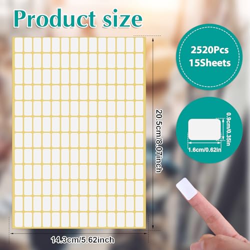 2520st Witte verwijderbare rechthoek etiketten - Kleine Sticky Blanco Zelfklevende Geschrijfbare Prijs Tags voor Enveloppen, File Mappen, Jars, Dozen (9 x 16mm), 15 Vellen