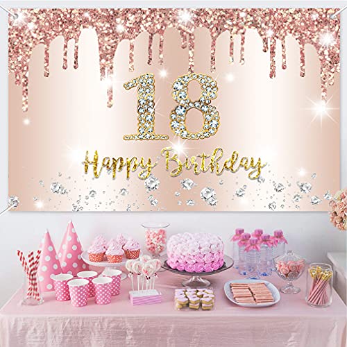 18e verjaardag Decoratie voor meisjes, 18e verjaardag Banner, Rose Gold, 18e verjaardag, Fabric Sign Poster, Gelukkig 18 Verjaardag, Achtergrond Banner voor meisjes, Verjaardagsfeest, Decoratie 3