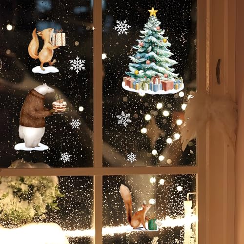 4 Vellen Kerstmis Window Stickers Aquarel Kerst scene Double Sided Snowflake Window Clings Herbruikbare Animal Glass Sticker voor Xmas Window Decor 3